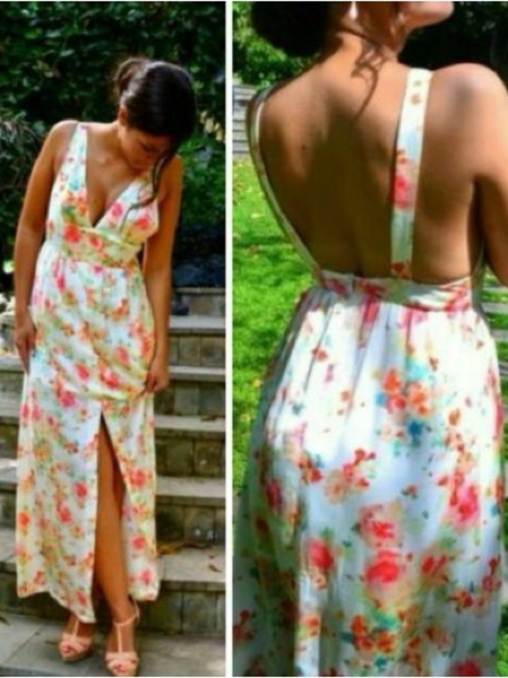 Zara Floral Print Satin Maxi Dress Front Slit V-Neck Sz S